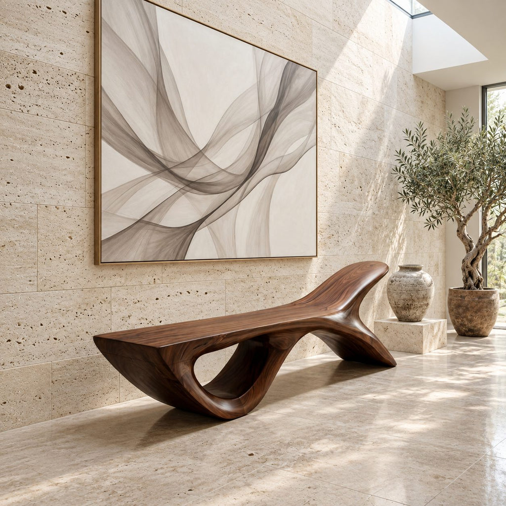 Fish Tail Sculptural Bench, Solid Wood Living Room Bench with Forked Raised End and Open Base