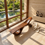 Fish Tail Sculptural Bench, Solid Wood Living Room Bench with Forked Raised End and Open Base
