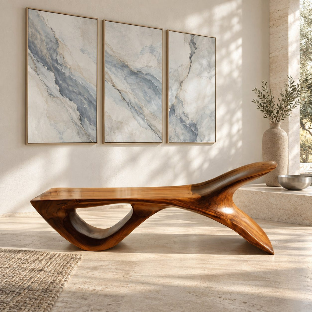 Fish Tail Sculptural Bench, Solid Wood Living Room Bench with Forked Raised End and Open Base