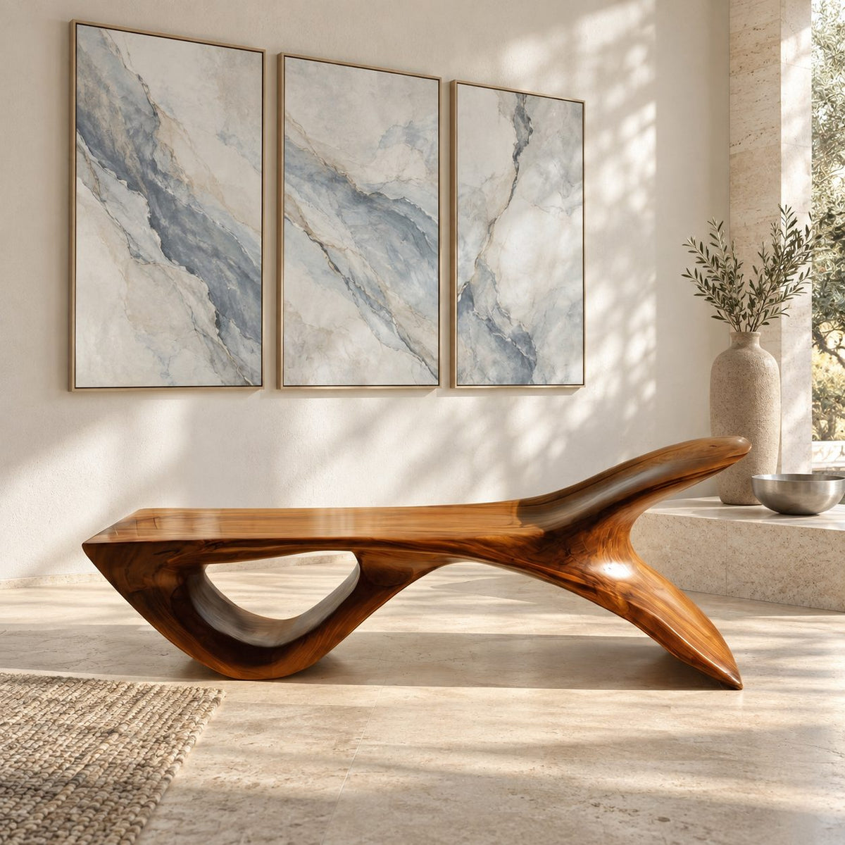 Fish Tail Sculptural Bench, Solid Wood Living Room Bench with Forked Raised End and Open Base