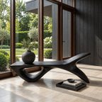 Fish Tail Sculptural Bench, Solid Wood Living Room Bench with Forked Raised End and Open Base