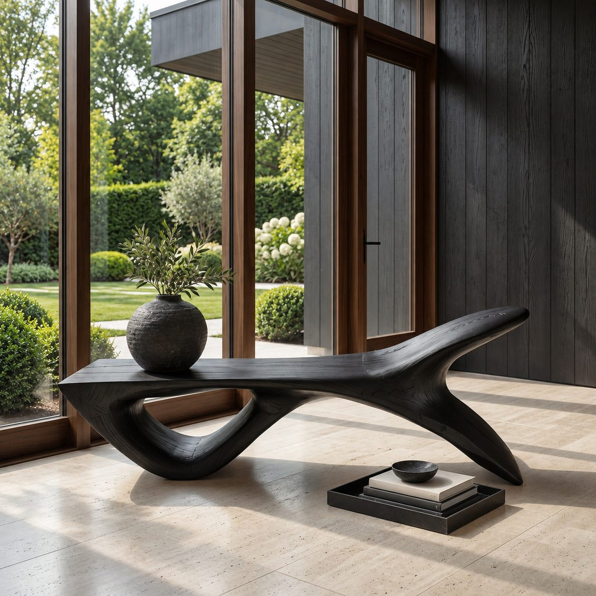 Fish Tail Sculptural Bench, Solid Wood Living Room Bench with Forked Raised End and Open Base