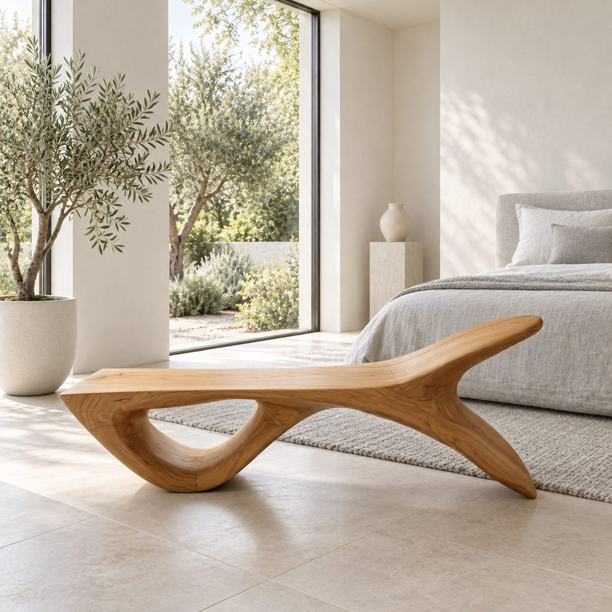 Fish Tail Sculptural Bench, Solid Wood Living Room Bench with Forked Raised End and Open Base