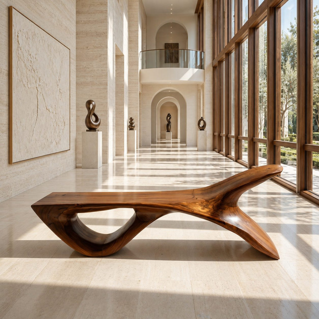 Fish Tail Sculptural Bench, Solid Wood Living Room Bench with Forked Raised End and Open Base