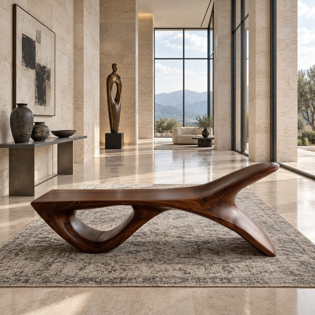 Fish Tail Sculptural Bench, Solid Wood Living Room Bench with Forked Raised End and Open Base