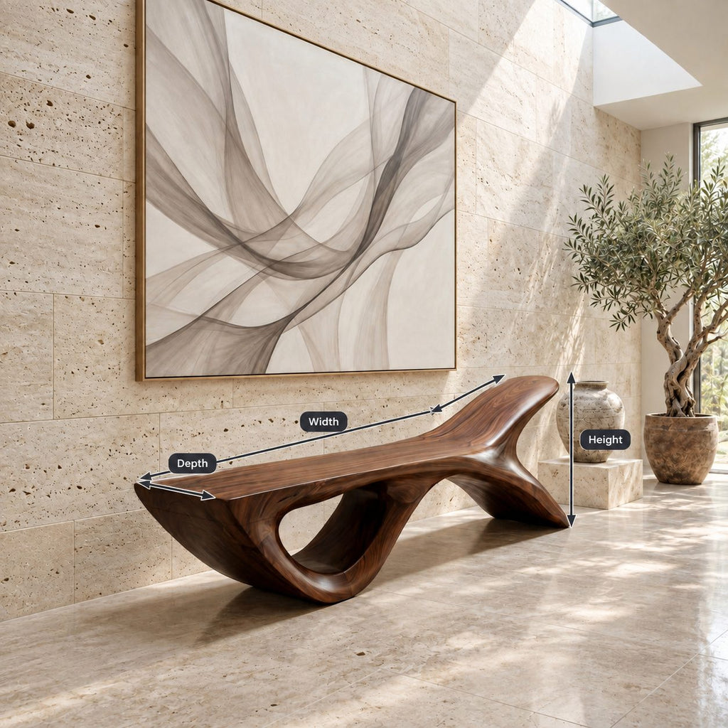 Fish Tail Sculptural Bench, Solid Wood Living Room Bench with Forked Raised End and Open Base