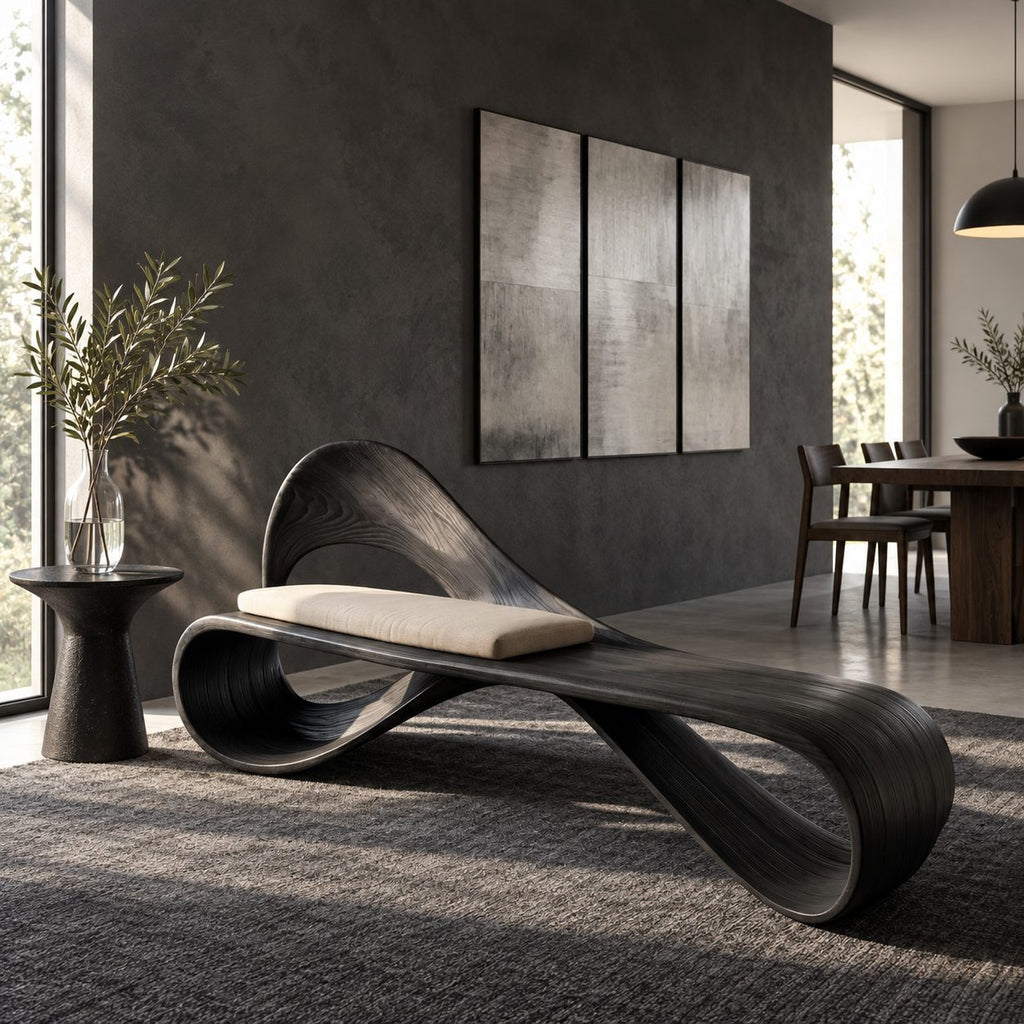 Looped Ribbon Backrest Bench, Bent Solid Wood Reading Nook and End of Bed Bench with Open Curves