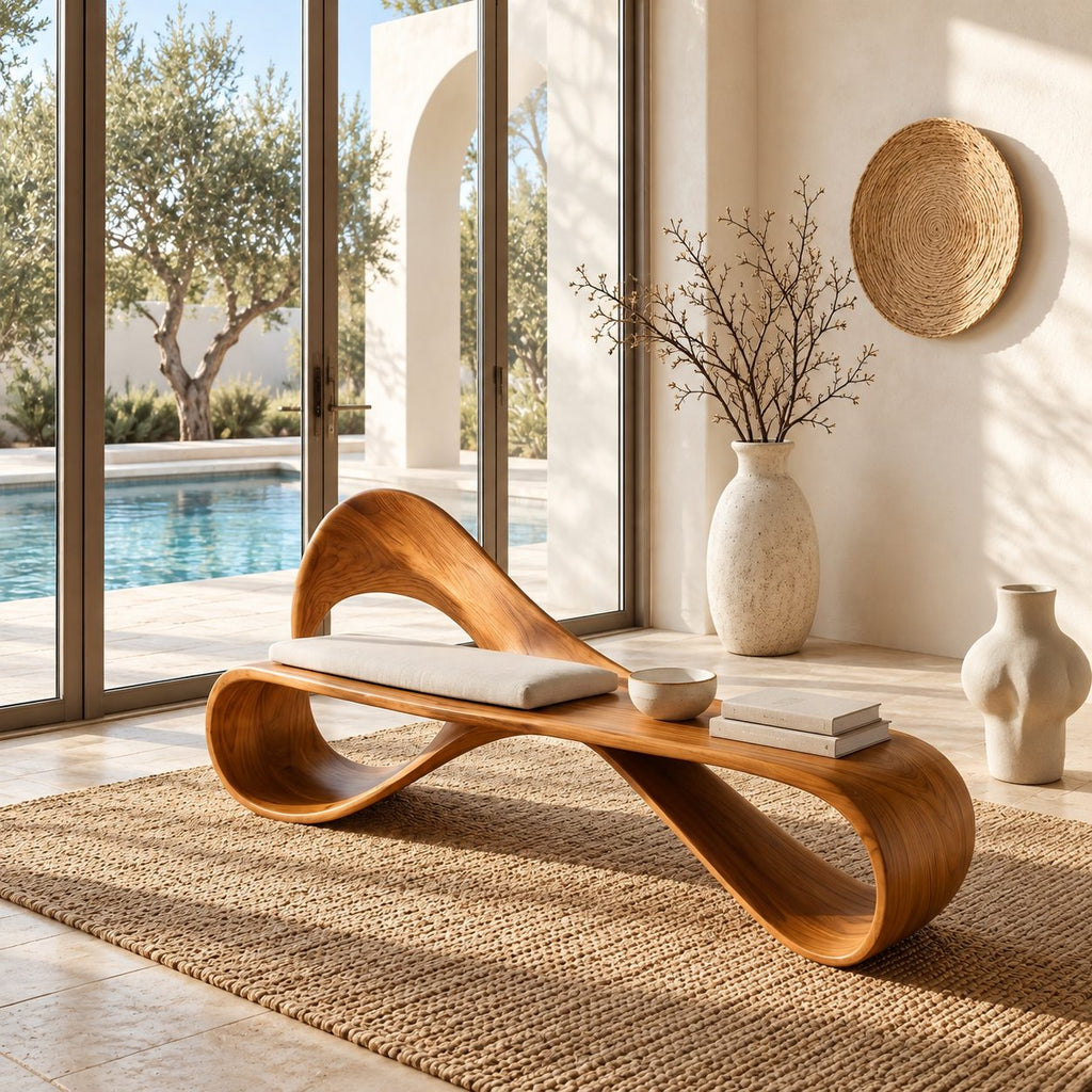 Looped Ribbon Backrest Bench, Bent Solid Wood Reading Nook and End of Bed Bench with Open Curves