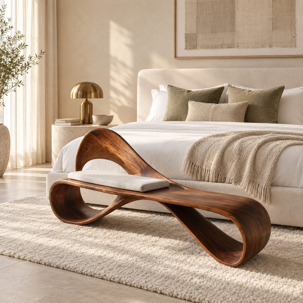 Looped Ribbon Backrest Bench, Bent Solid Wood Reading Nook and End of Bed Bench with Open Curves