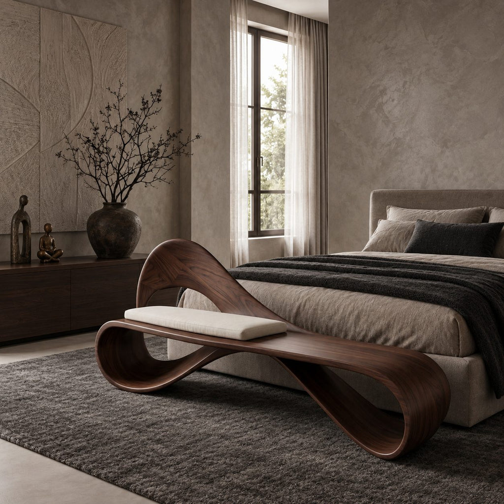Looped Ribbon Backrest Bench, Bent Solid Wood Reading Nook and End of Bed Bench with Open Curves