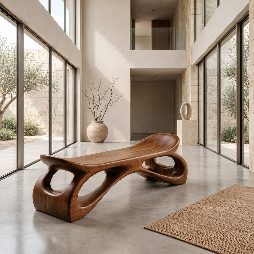 Saddle Seat Hollow Leg Bench, Sculpted Solid Wood Hallway Bench with Upturned Ends and Open Loops