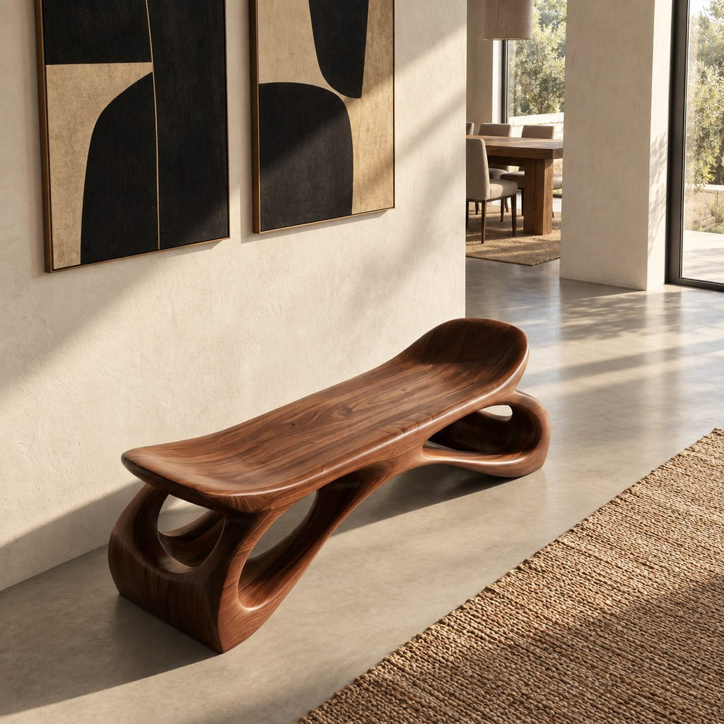 Saddle Seat Hollow Leg Bench, Sculpted Solid Wood Hallway Bench with Upturned Ends and Open Loops