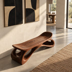Saddle Seat Hollow Leg Bench, Sculpted Solid Wood Hallway Bench with Upturned Ends and Open Loops