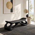 Saddle Seat Hollow Leg Bench, Sculpted Solid Wood Hallway Bench with Upturned Ends and Open Loops