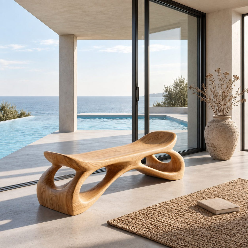 Saddle Seat Hollow Leg Bench, Sculpted Solid Wood Hallway Bench with Upturned Ends and Open Loops