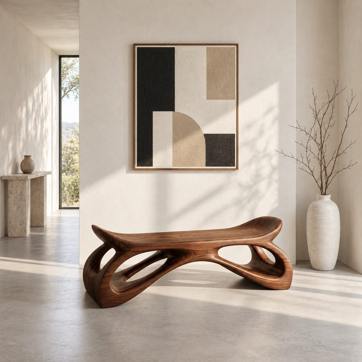 Saddle Seat Hollow Leg Bench, Sculpted Solid Wood Hallway Bench with Upturned Ends and Open Loops