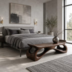 Saddle Seat Hollow Leg Bench, Sculpted Solid Wood Hallway Bench with Upturned Ends and Open Loops
