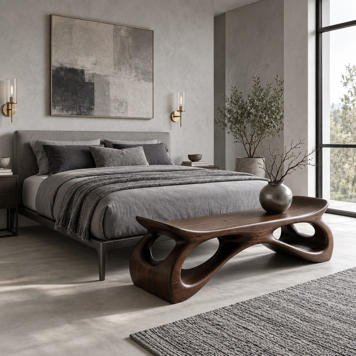 Saddle Seat Hollow Leg Bench, Sculpted Solid Wood Hallway Bench with Upturned Ends and Open Loops