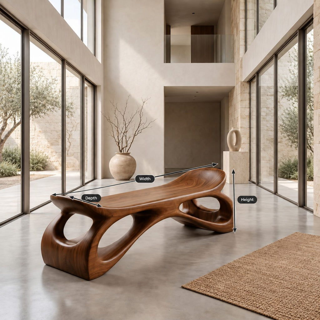 Saddle Seat Hollow Leg Bench, Sculpted Solid Wood Hallway Bench with Upturned Ends and Open Loops