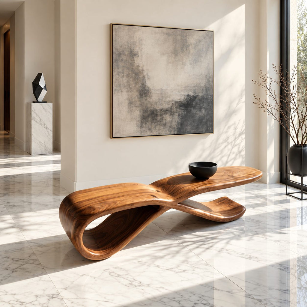 Figure Eight Twist Bench, Sculptural Solid Wood Hallway Bench with Looping Infinity Curve Base
