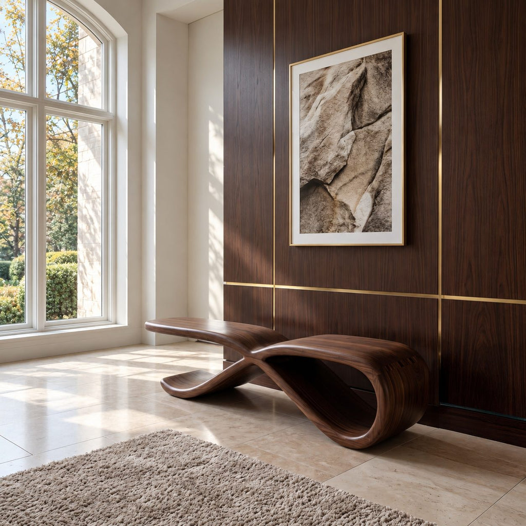 Figure Eight Twist Bench, Sculptural Solid Wood Hallway Bench with Looping Infinity Curve Base