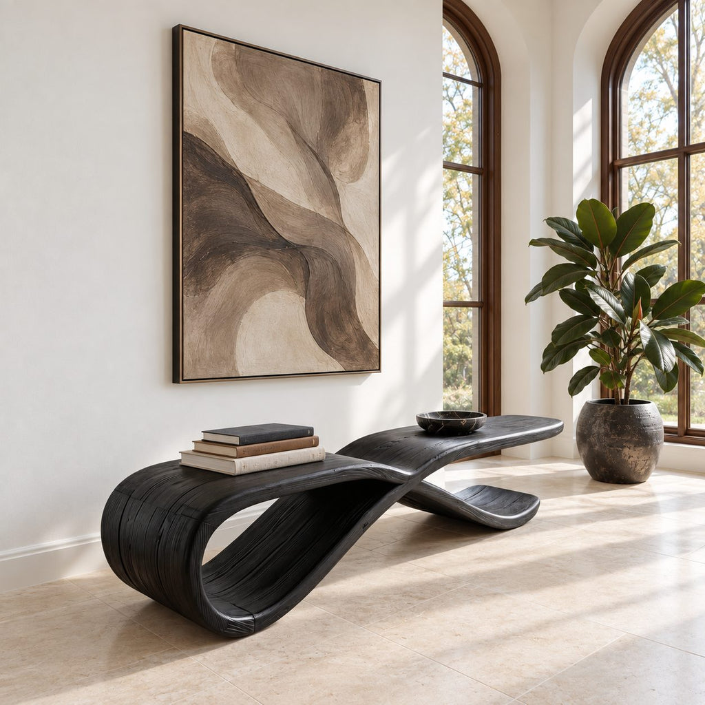 Figure Eight Twist Bench, Sculptural Solid Wood Hallway Bench with Looping Infinity Curve Base