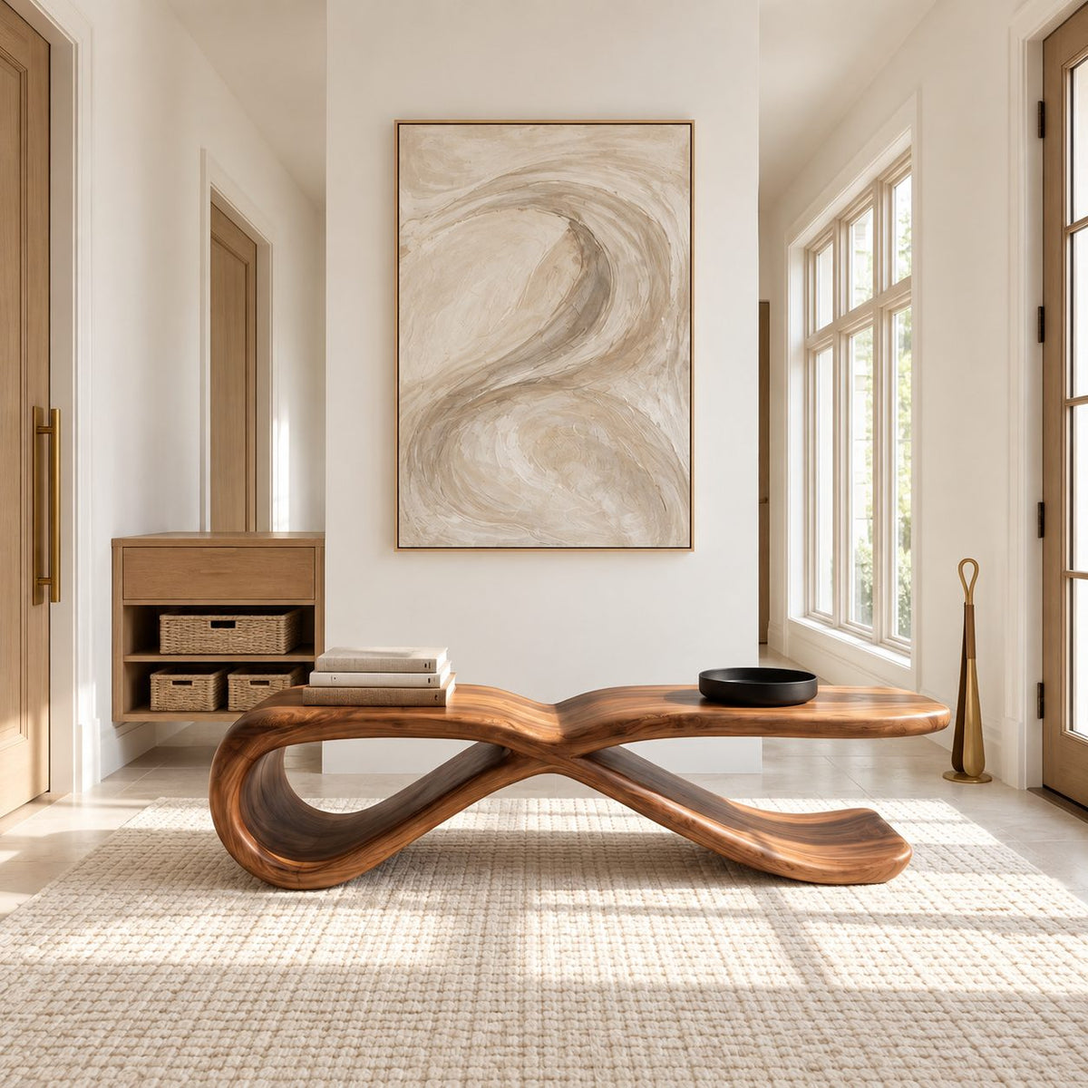 Figure Eight Twist Bench, Sculptural Solid Wood Hallway Bench with Looping Infinity Curve Base