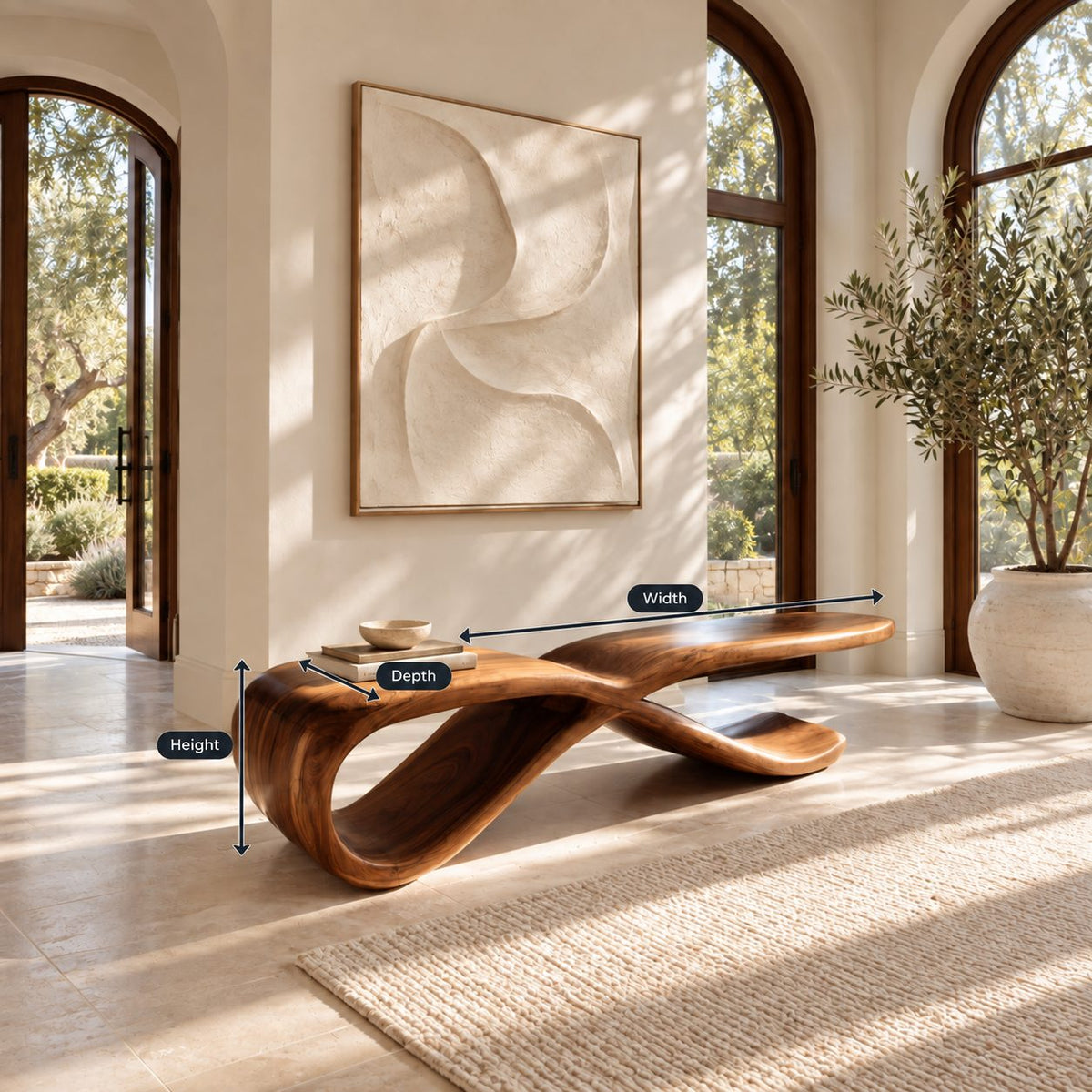 Figure Eight Twist Bench, Sculptural Solid Wood Hallway Bench with Looping Infinity Curve Base