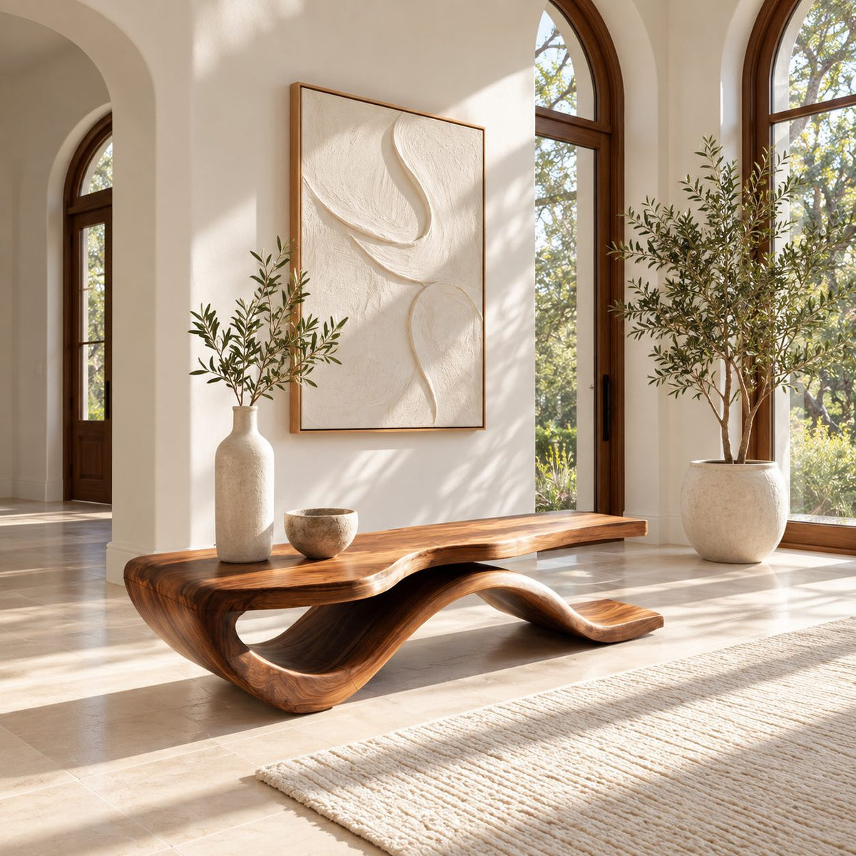 Wave Base Slab Top Bench, Modern Solid Wood Entryway Bench with Thick Flat Seat and Curved Foot