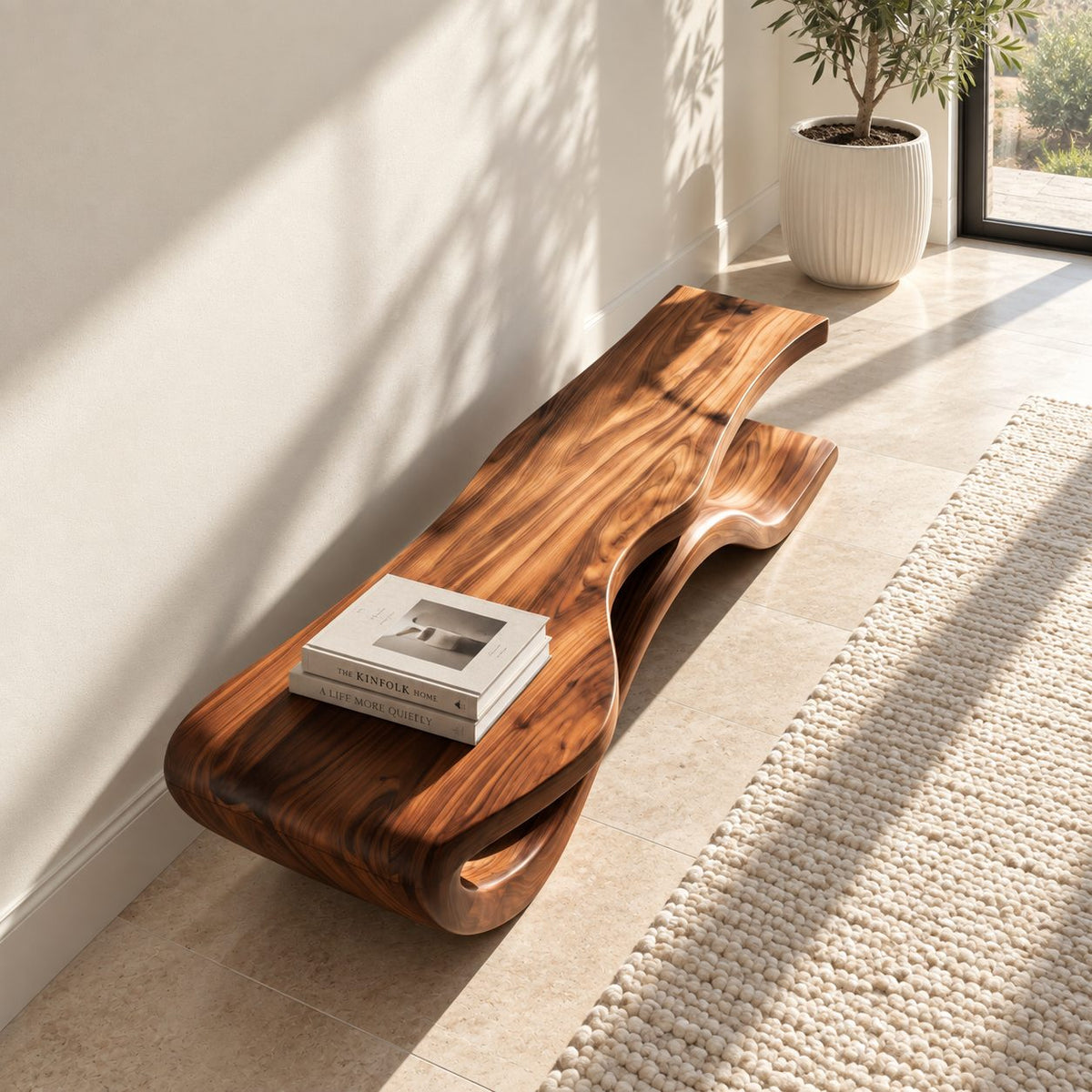 Wave Base Slab Top Bench, Modern Solid Wood Entryway Bench with Thick Flat Seat and Curved Foot