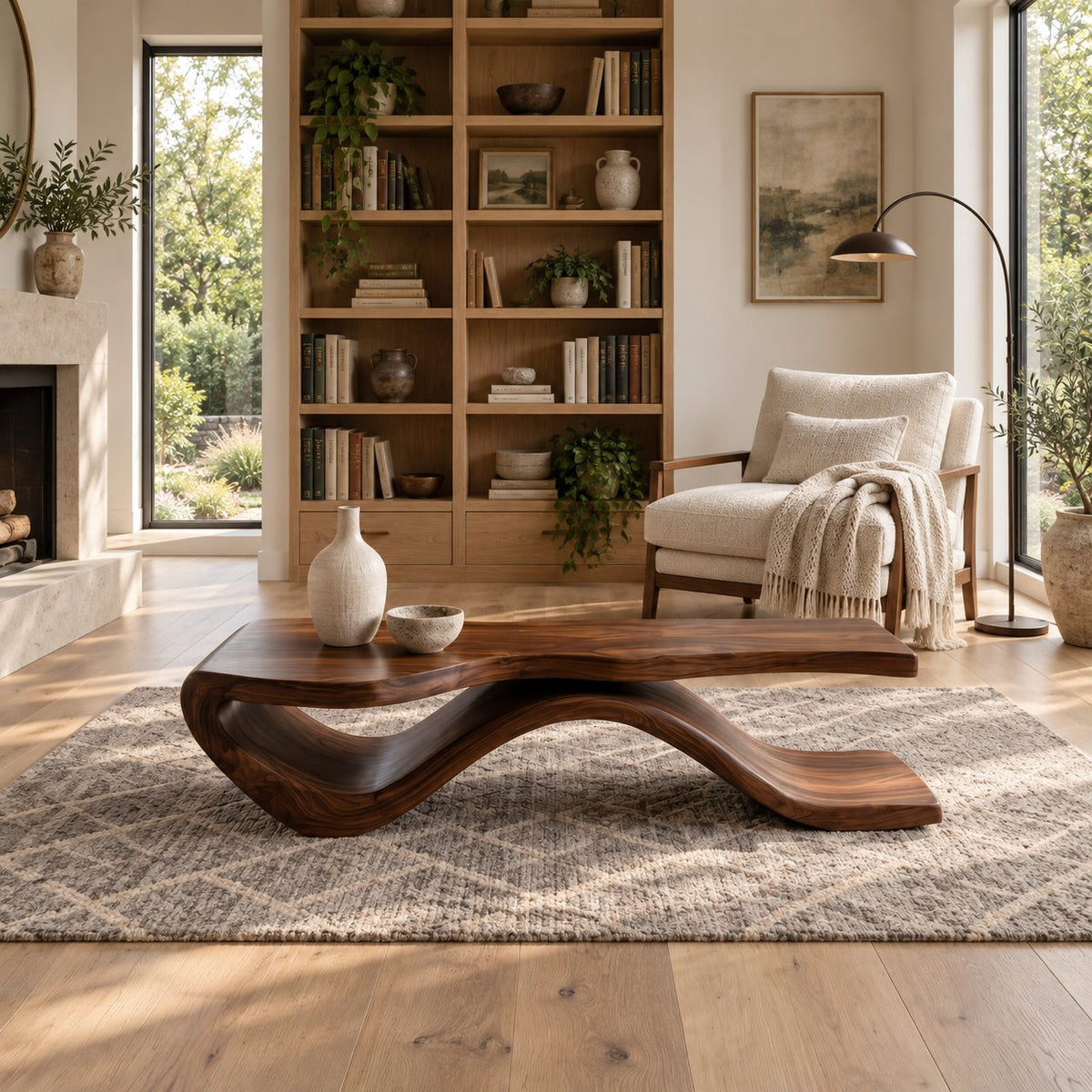 Wave Base Slab Top Bench, Modern Solid Wood Entryway Bench with Thick Flat Seat and Curved Foot