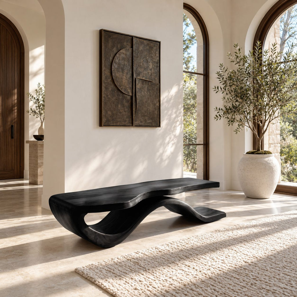 Wave Base Slab Top Bench, Modern Solid Wood Entryway Bench with Thick Flat Seat and Curved Foot