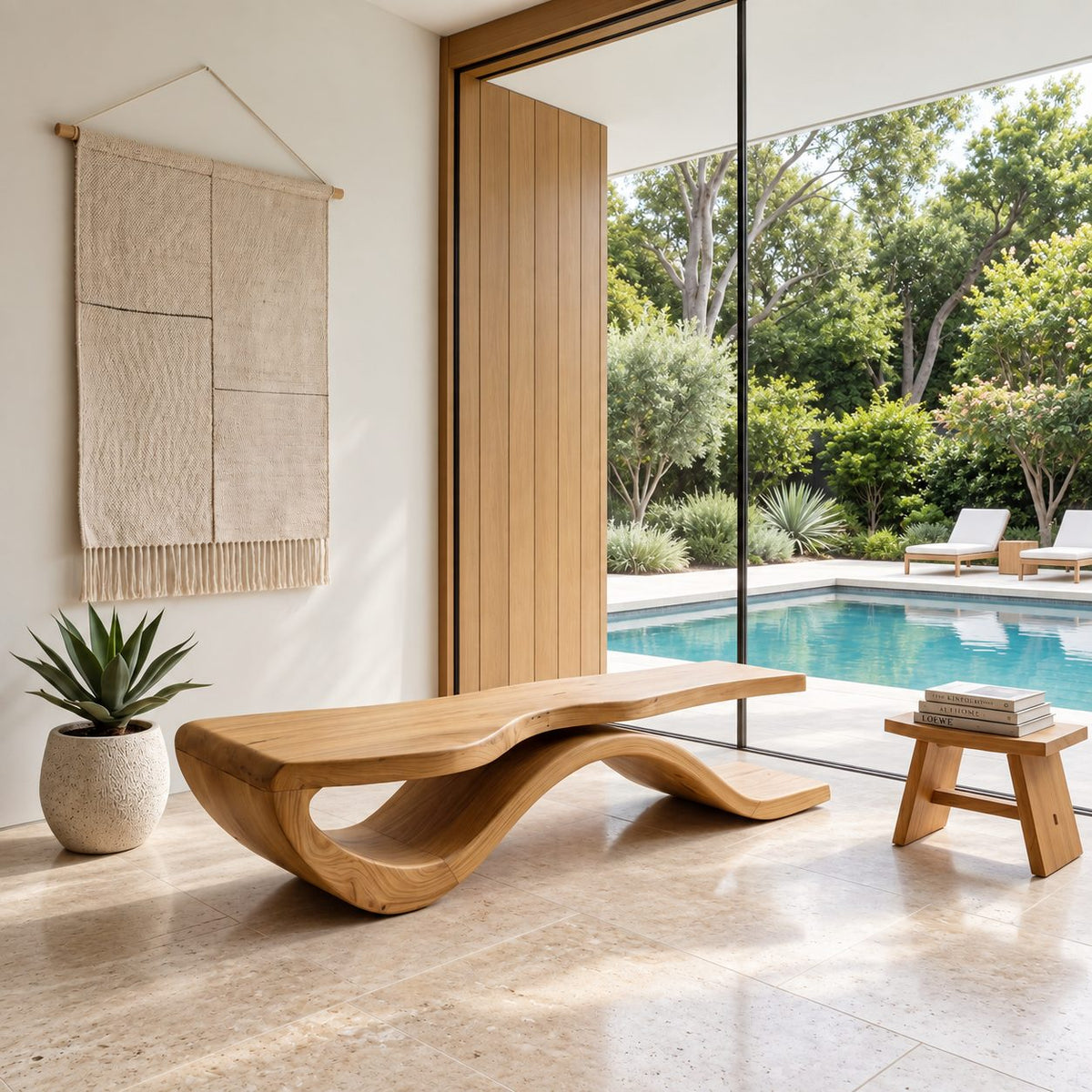 Wave Base Slab Top Bench, Modern Solid Wood Entryway Bench with Thick Flat Seat and Curved Foot