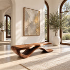 Wave Base Slab Top Bench, Modern Solid Wood Entryway Bench with Thick Flat Seat and Curved Foot
