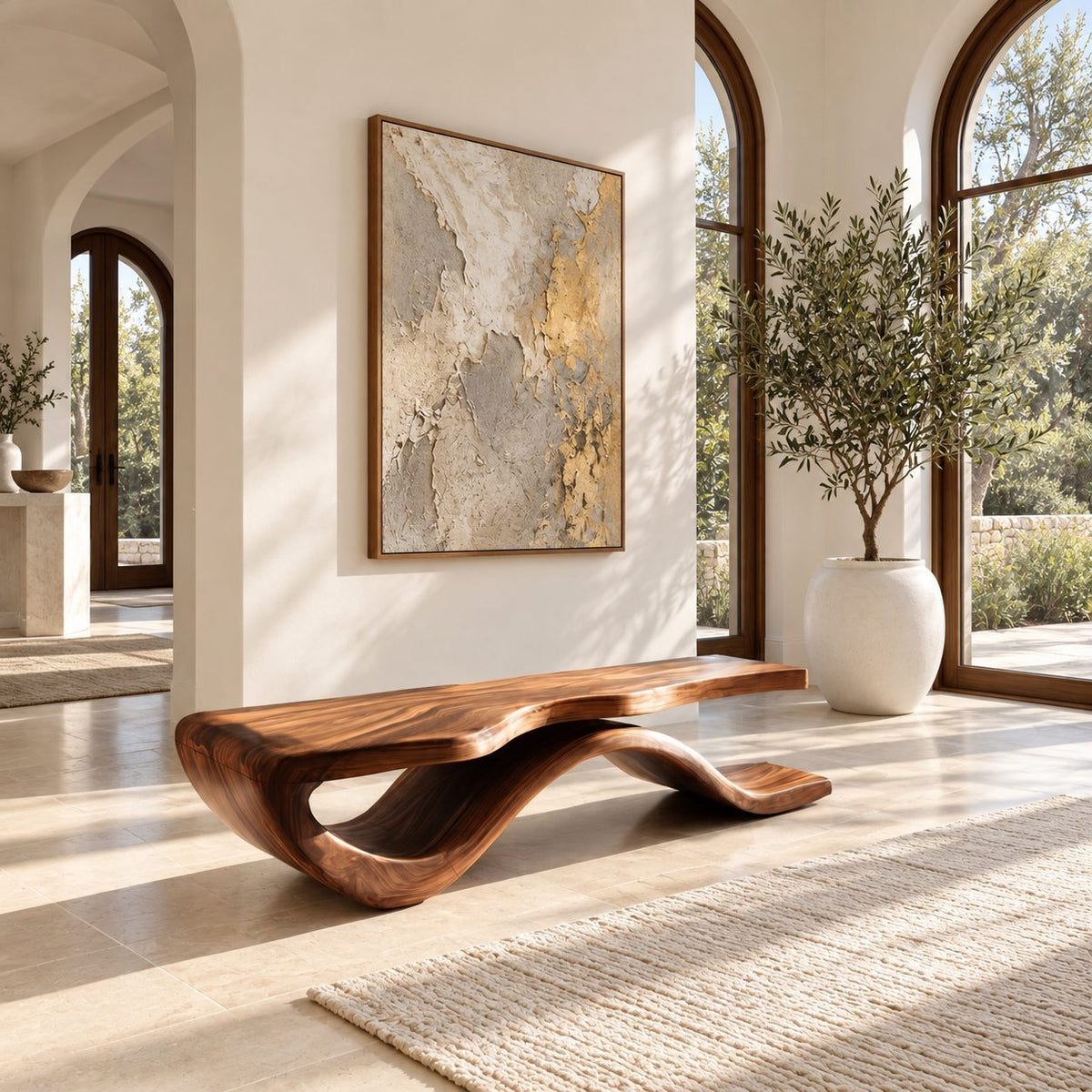Wave Base Slab Top Bench, Modern Solid Wood Entryway Bench with Thick Flat Seat and Curved Foot