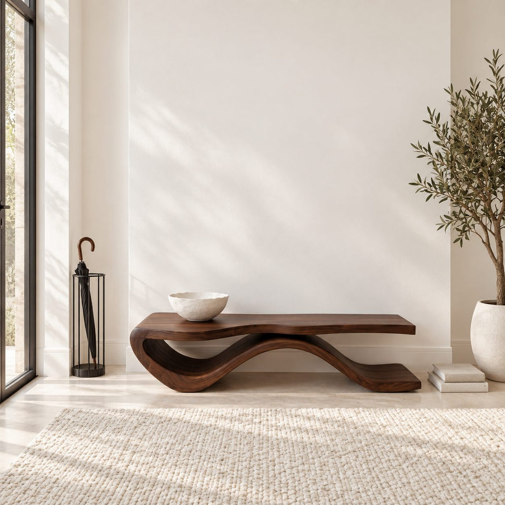 Wave Base Slab Top Bench, Modern Solid Wood Entryway Bench with Thick Flat Seat and Curved Foot
