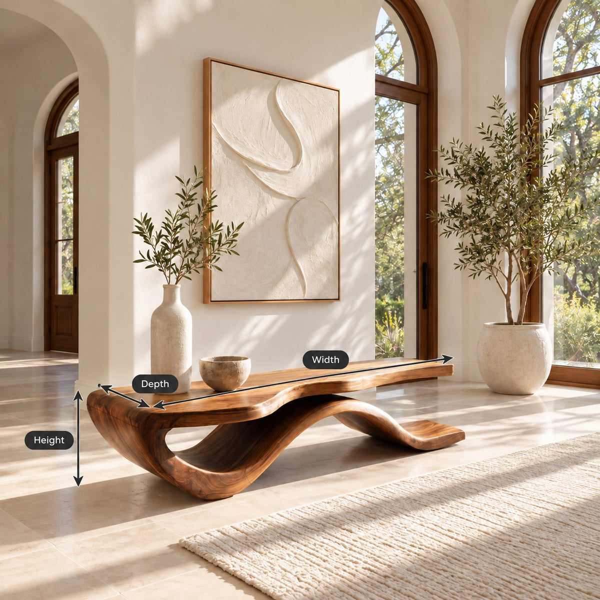 Wave Base Slab Top Bench, Modern Solid Wood Entryway Bench with Thick Flat Seat and Curved Foot