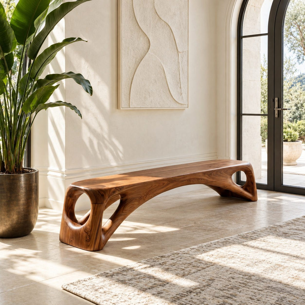 Porthole End Beam Bench, Long Solid Wood Entryway Bench with Round Cutout Hollow Ends