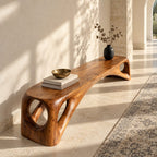 Porthole End Beam Bench, Long Solid Wood Entryway Bench with Round Cutout Hollow Ends
