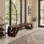 Porthole End Beam Bench, Long Solid Wood Entryway Bench with Round Cutout Hollow Ends