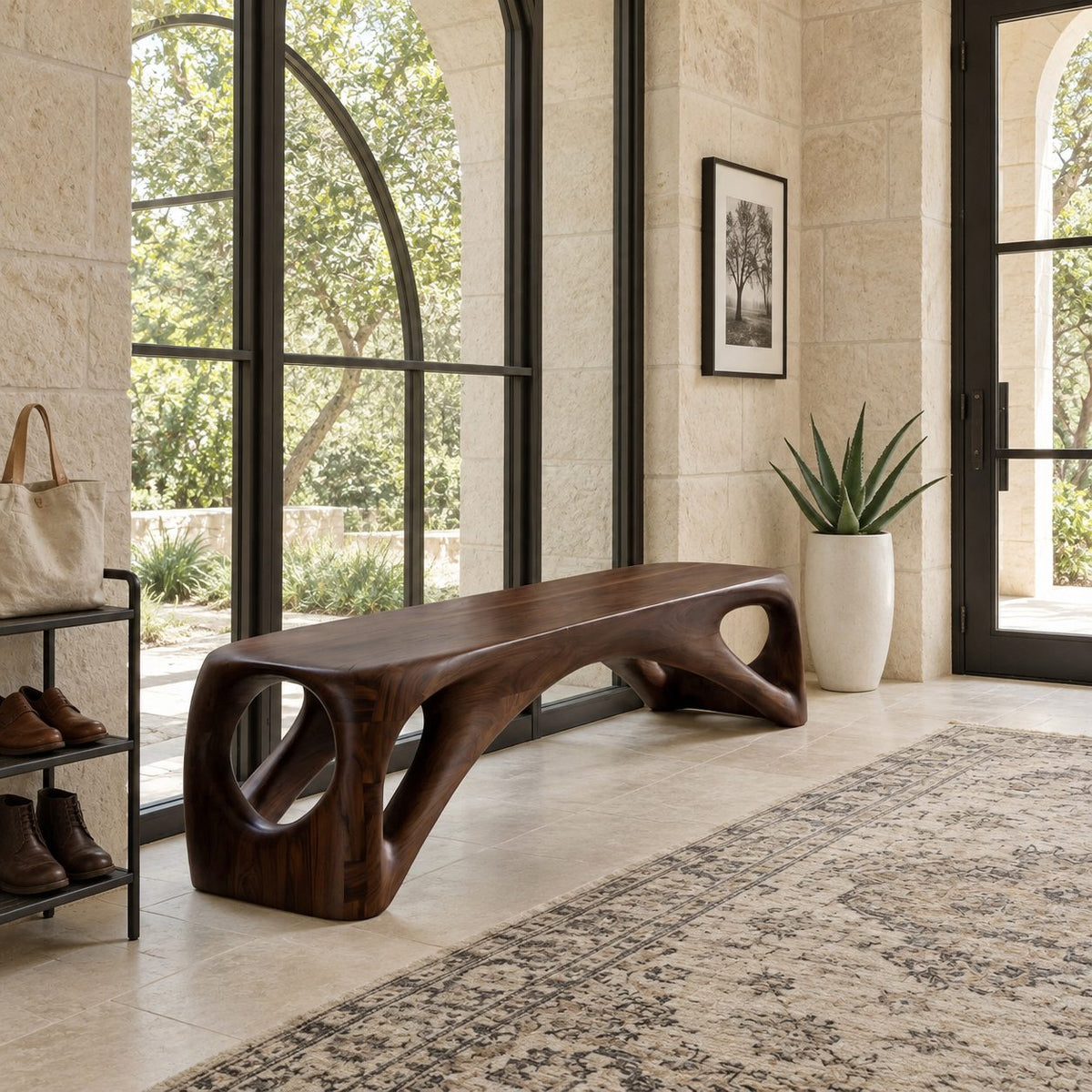Porthole End Beam Bench, Long Solid Wood Entryway Bench with Round Cutout Hollow Ends