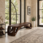 Porthole End Beam Bench, Long Solid Wood Entryway Bench with Round Cutout Hollow Ends