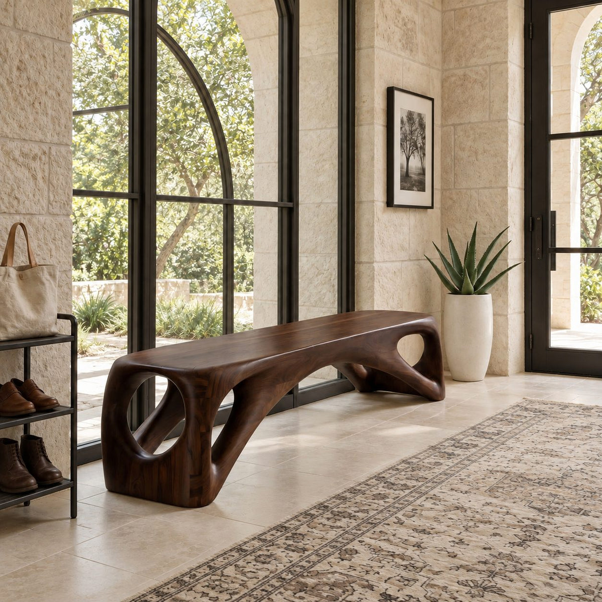 Porthole End Beam Bench, Long Solid Wood Entryway Bench with Round Cutout Hollow Ends