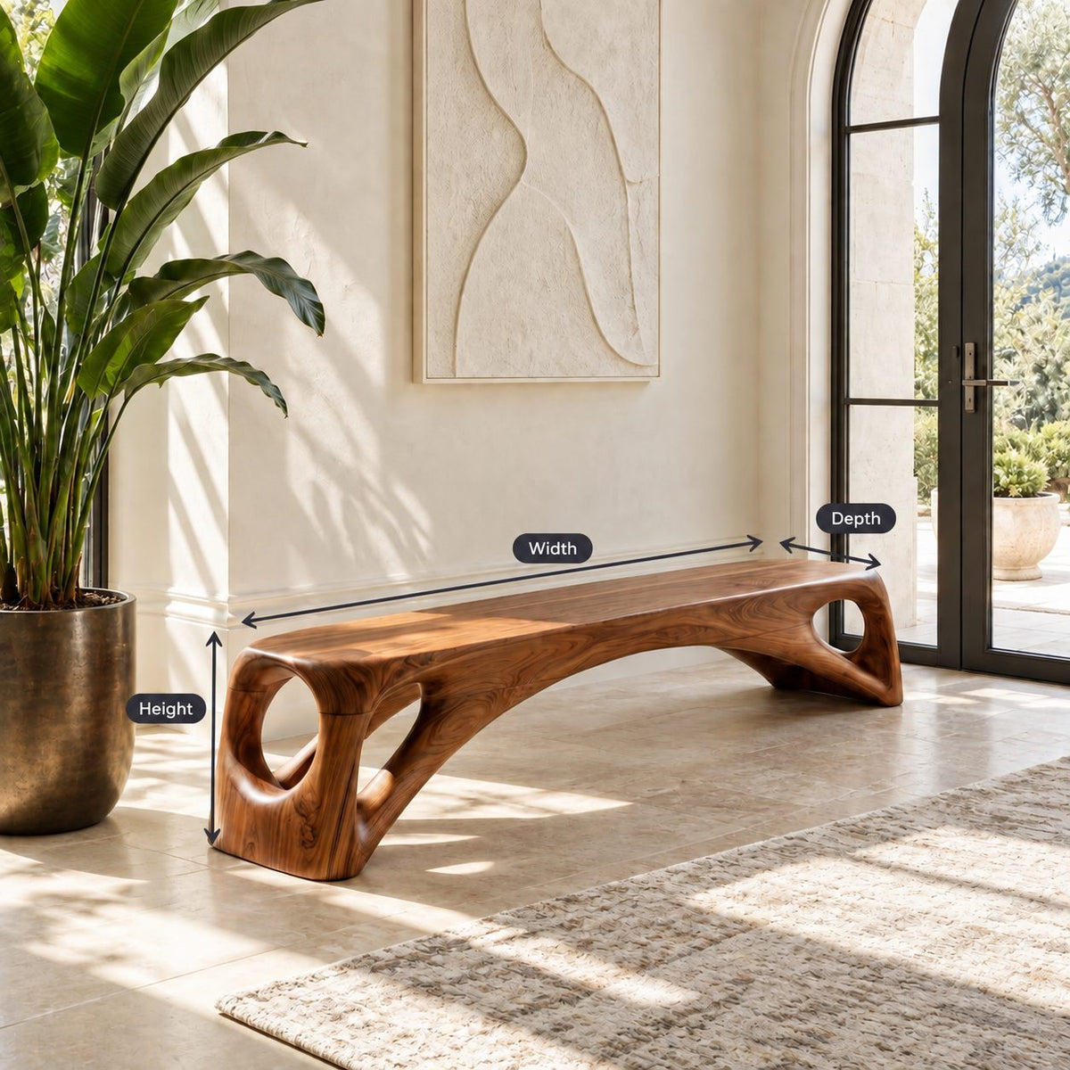 Porthole End Beam Bench, Long Solid Wood Entryway Bench with Round Cutout Hollow Ends