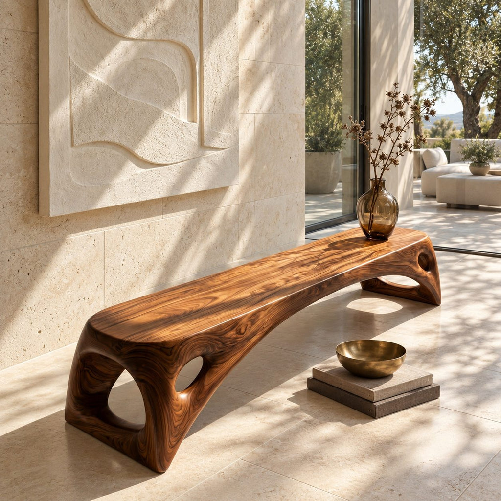 Teardrop Cutout Long Bench, Minimalist Solid Wood Entryway Bench with Tapered Splayed Ends