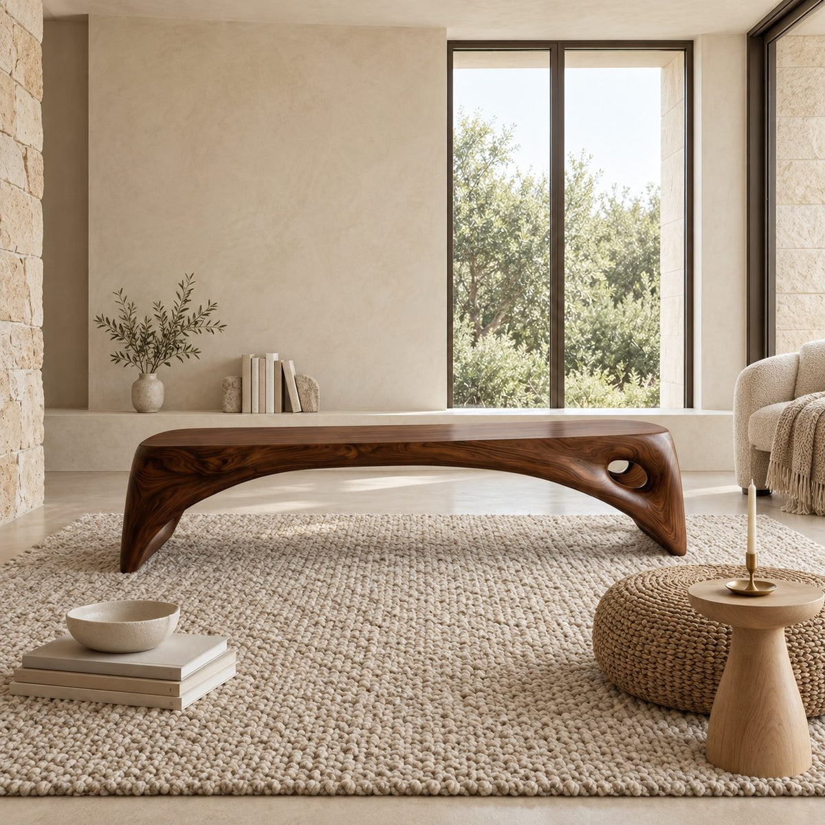 Teardrop Cutout Long Bench, Minimalist Solid Wood Entryway Bench with Tapered Splayed Ends