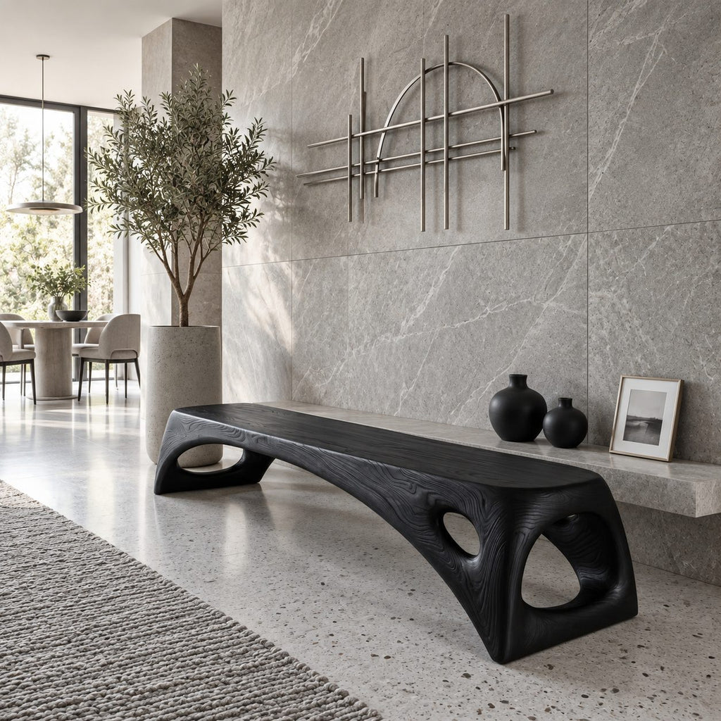 Teardrop Cutout Long Bench, Minimalist Solid Wood Entryway Bench with Tapered Splayed Ends