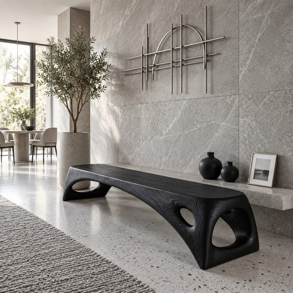 Teardrop Cutout Long Bench, Minimalist Solid Wood Entryway Bench with Tapered Splayed Ends