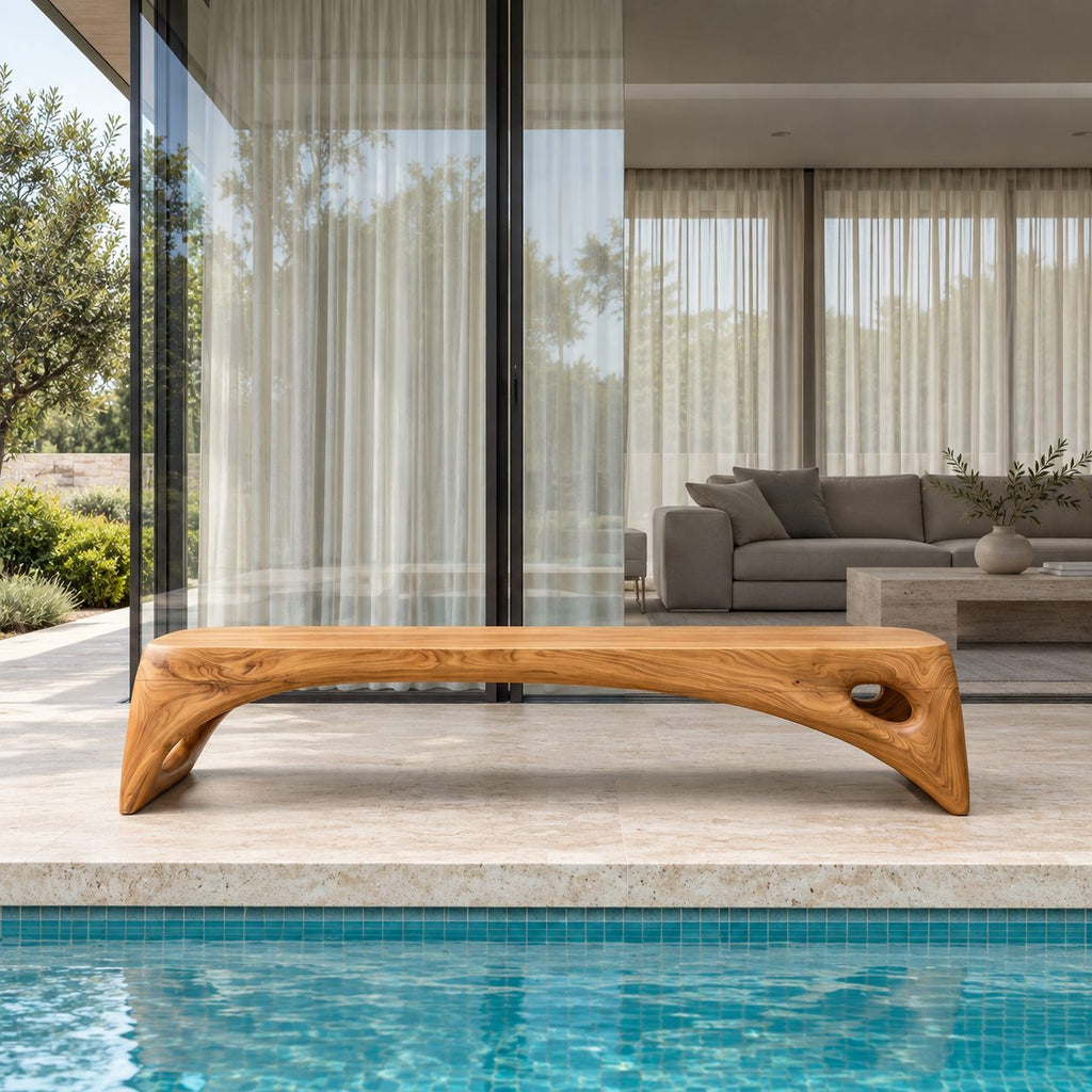 Teardrop Cutout Long Bench, Minimalist Solid Wood Entryway Bench with Tapered Splayed Ends