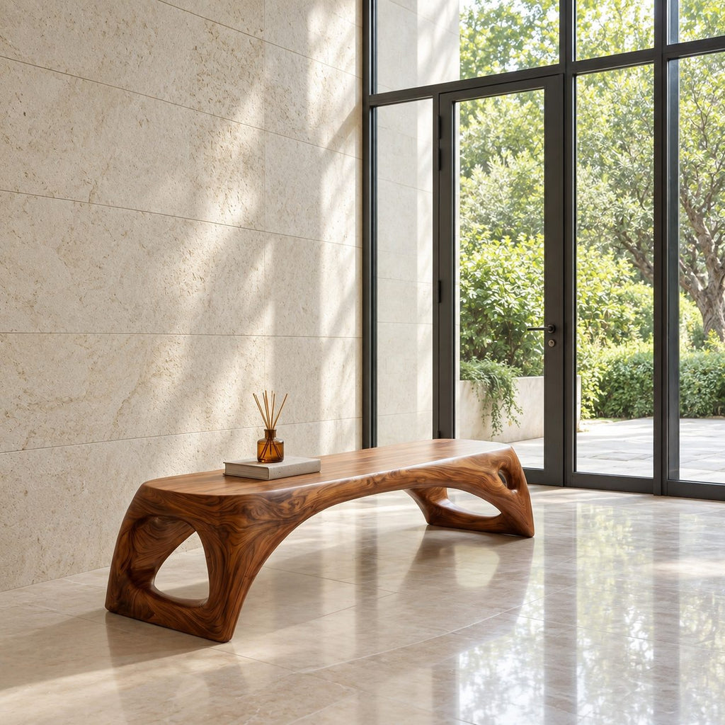 Teardrop Cutout Long Bench, Minimalist Solid Wood Entryway Bench with Tapered Splayed Ends